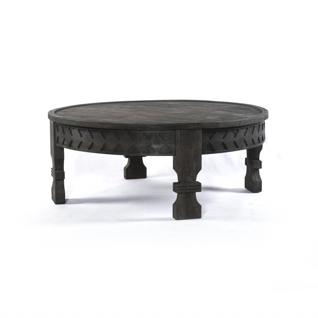 Black Carved Round Wooden Coffee Table