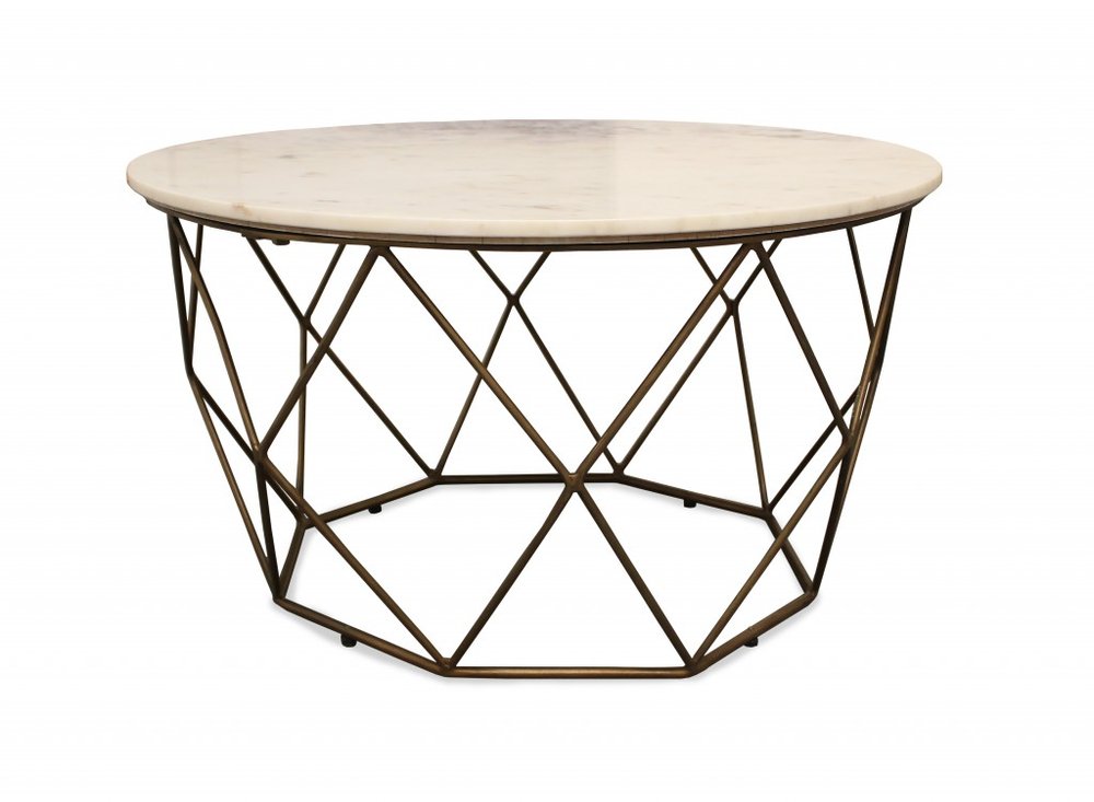 32" Ivory and Brass Genuine Marble and Metal Round Frame Coffee Table