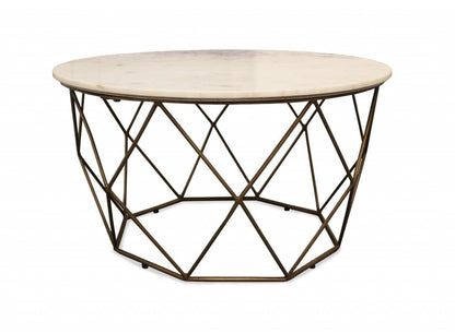 32" Ivory and Brass Genuine Marble and Metal Round Frame Coffee Table
