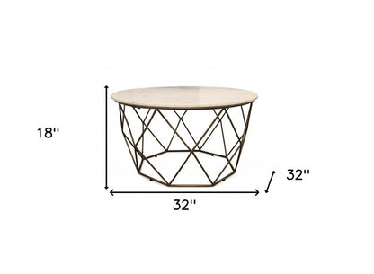 32" Ivory and Brass Genuine Marble and Metal Round Frame Coffee Table