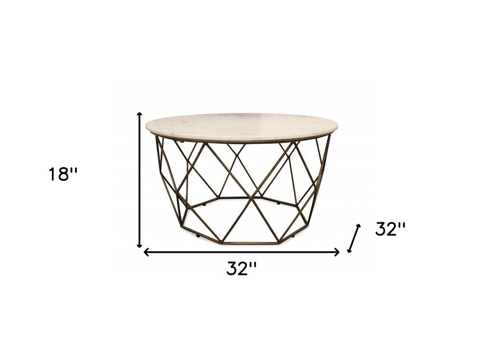 32" Ivory and Brass Genuine Marble and Metal Round Frame Coffee Table