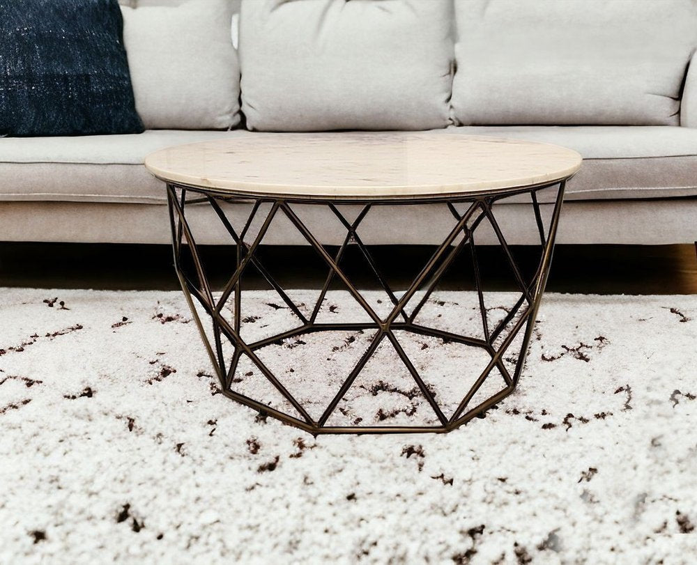 32" Ivory and Brass Genuine Marble and Metal Round Frame Coffee Table