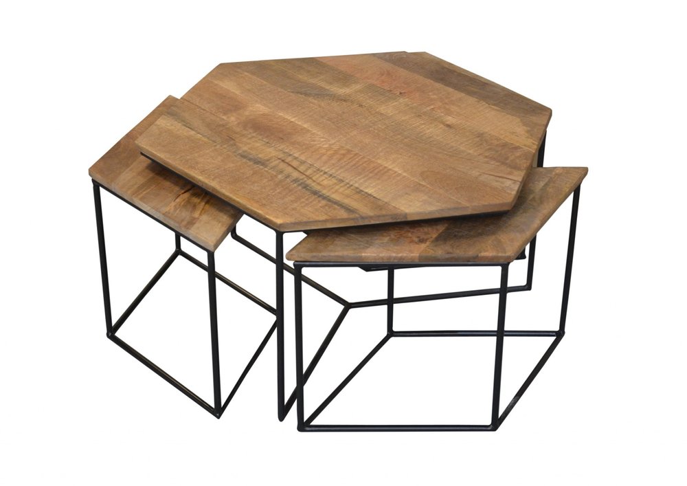 Set of Four Brown and Black Solid Wood and Iron Free Form Distressed Frame Nested Coffee Tables