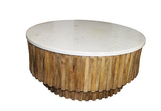 42" Ivory and Natural Genuine Marble and Solid Wood Round Solid Coffee Table