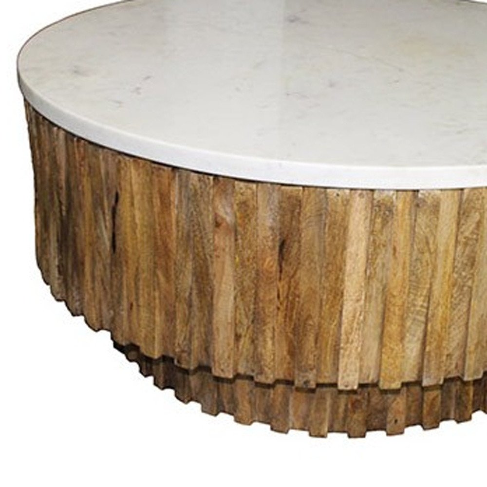 42" Ivory and Natural Genuine Marble and Solid Wood Round Solid Coffee Table