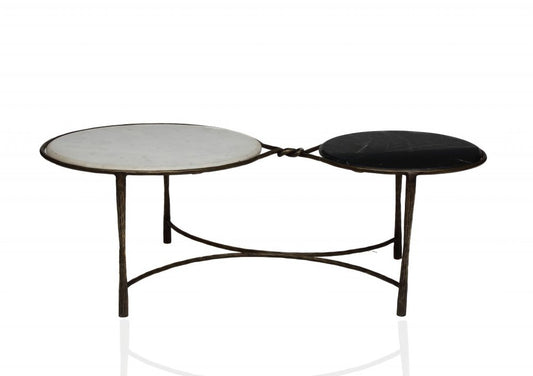 48" Black Ivory and Brass Genuine Marble and Iron Round Frame Coffee Table