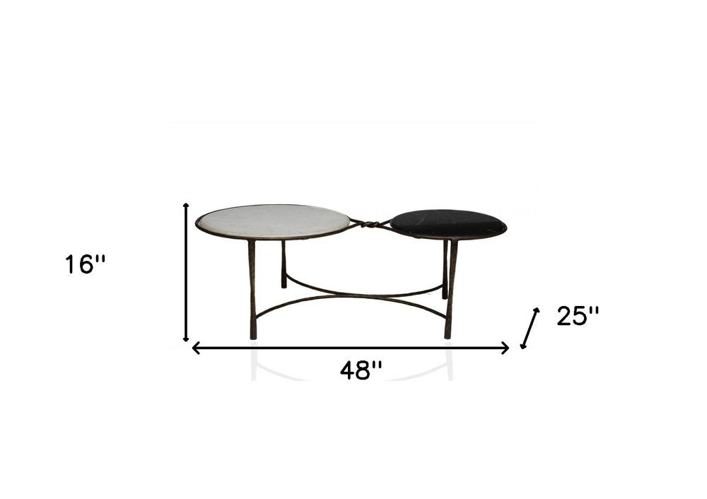 48" Black Ivory and Brass Genuine Marble and Iron Round Frame Coffee Table