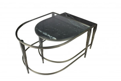 Set of Two Clear and Gold Glass and Iron Oval Frame Nested Coffee Tables