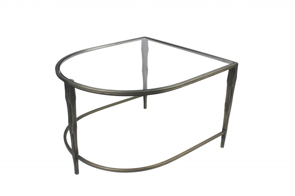 Set of Two Clear and Gold Glass and Iron Oval Frame Nested Coffee Tables