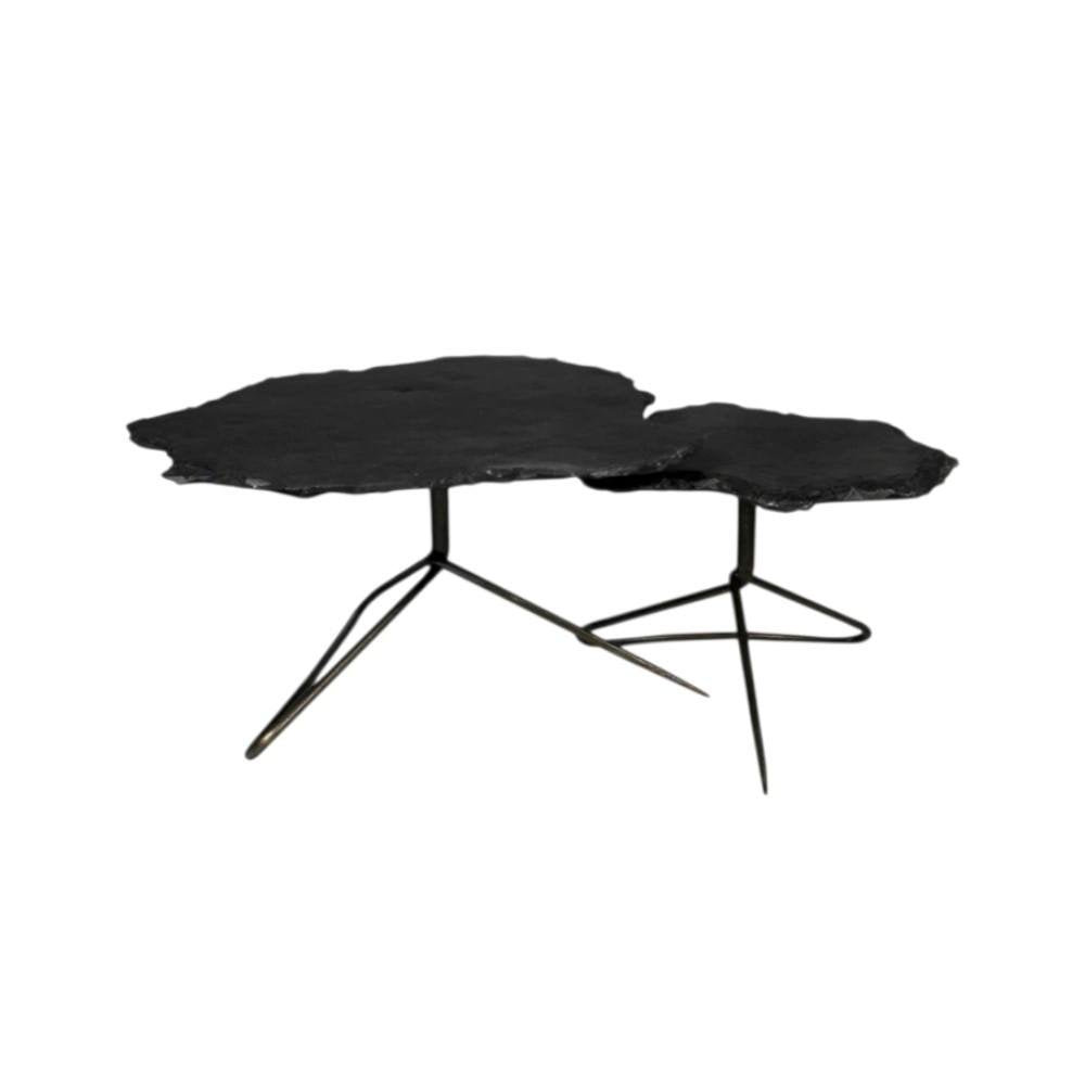 Set of Two Brown Stone and Iron Free Form Bunching Coffee Tables