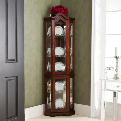 Mahogany Scallop Top Lighted Corner Curio Cabinet