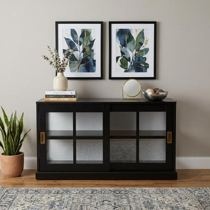 48" Black Sideboard with Two Glass Sliding Doors