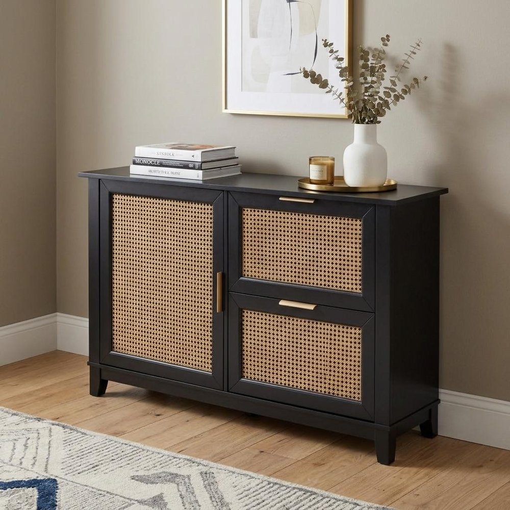 50" Black Solid Wood Two Drawer Sideboard