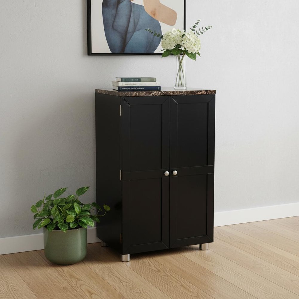 Metro Black Wood and Marble Bar Cabinet