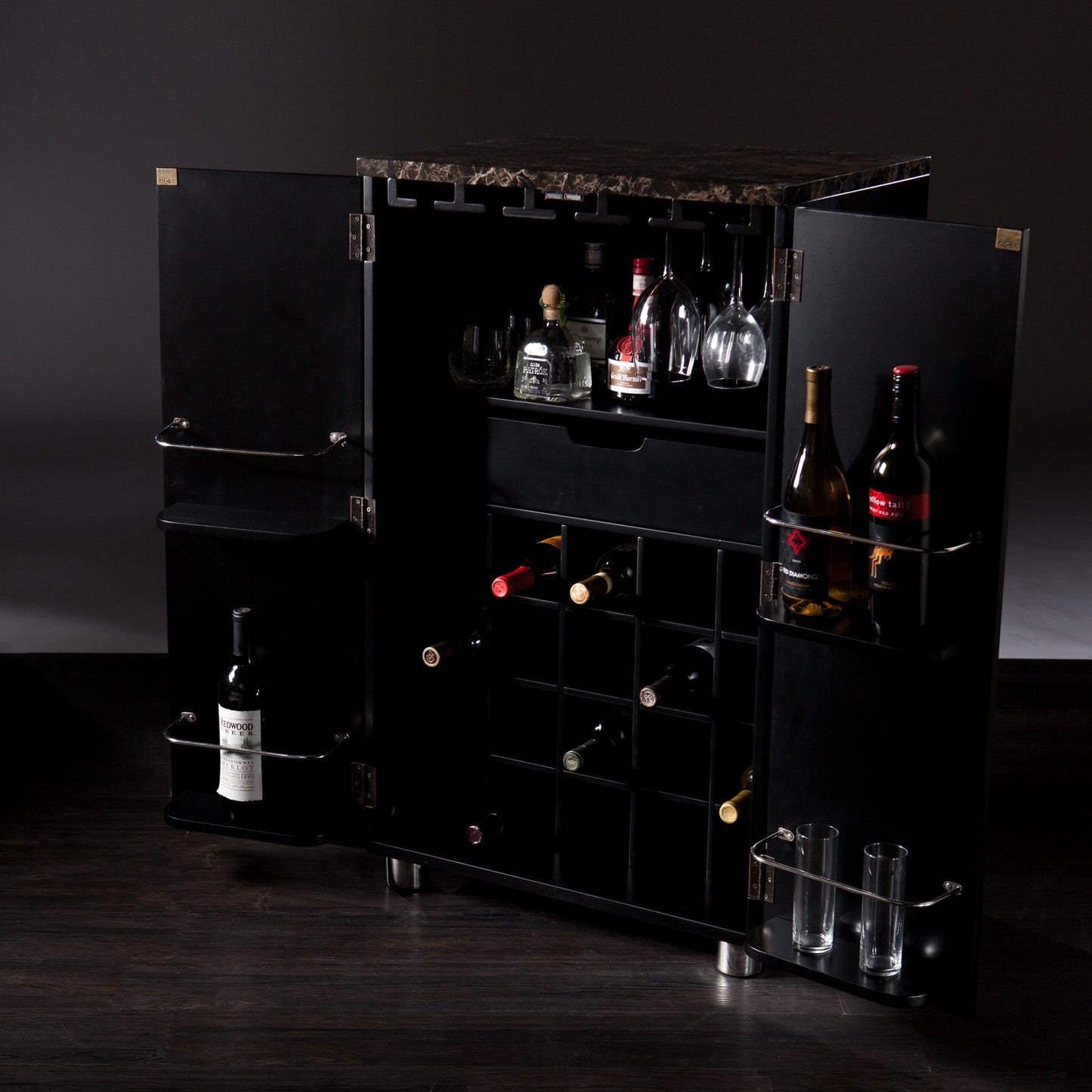 Metro Black Wood and Marble Bar Cabinet