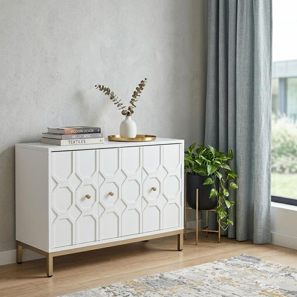 59" White and Gold Sideboard with Three Doors