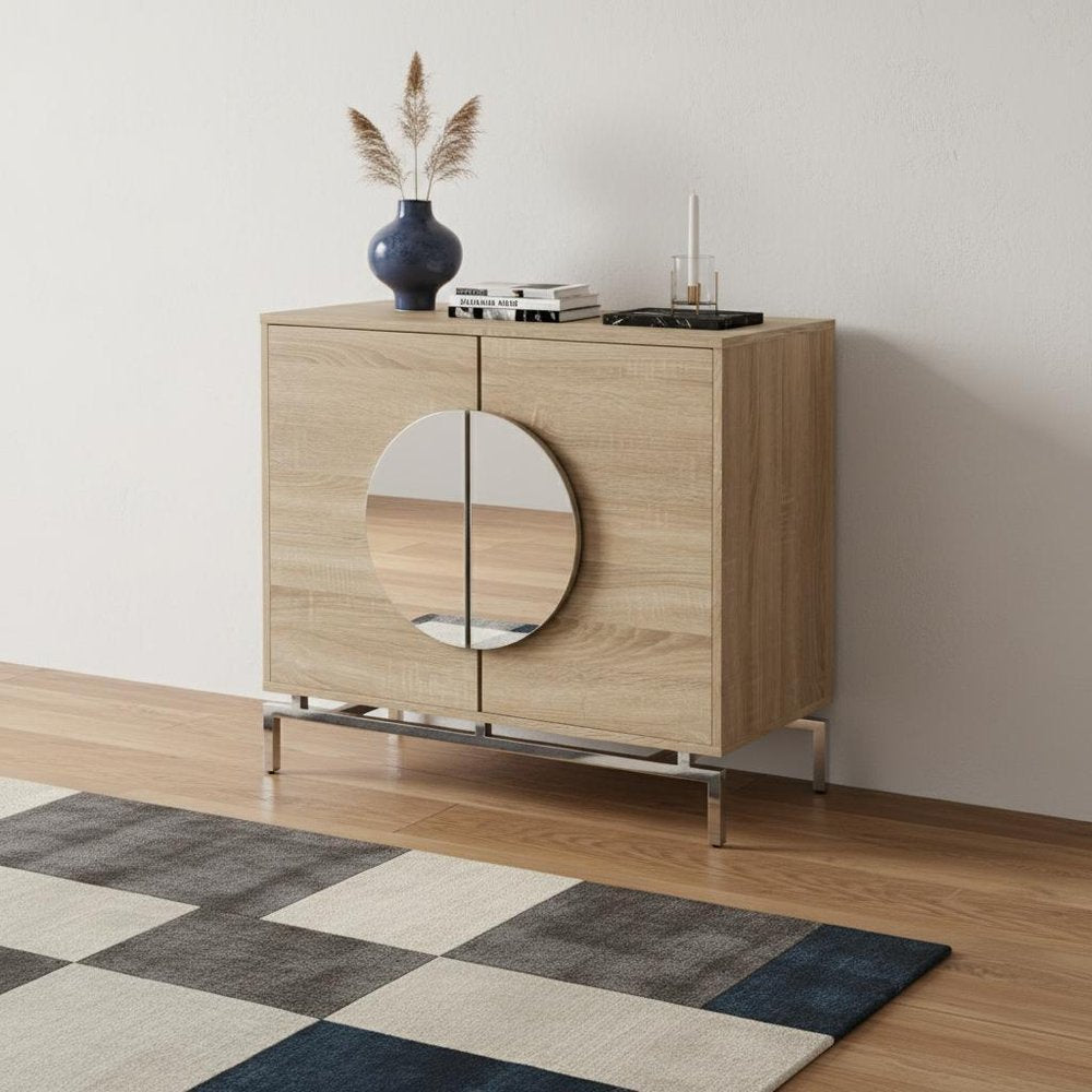 32" Natural and Chrome Mirrored Circle Double Door Bar Cabinet