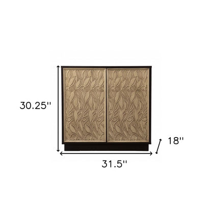 32" Dark Brown And Natural Carved Floral Sideboard with Two Doors