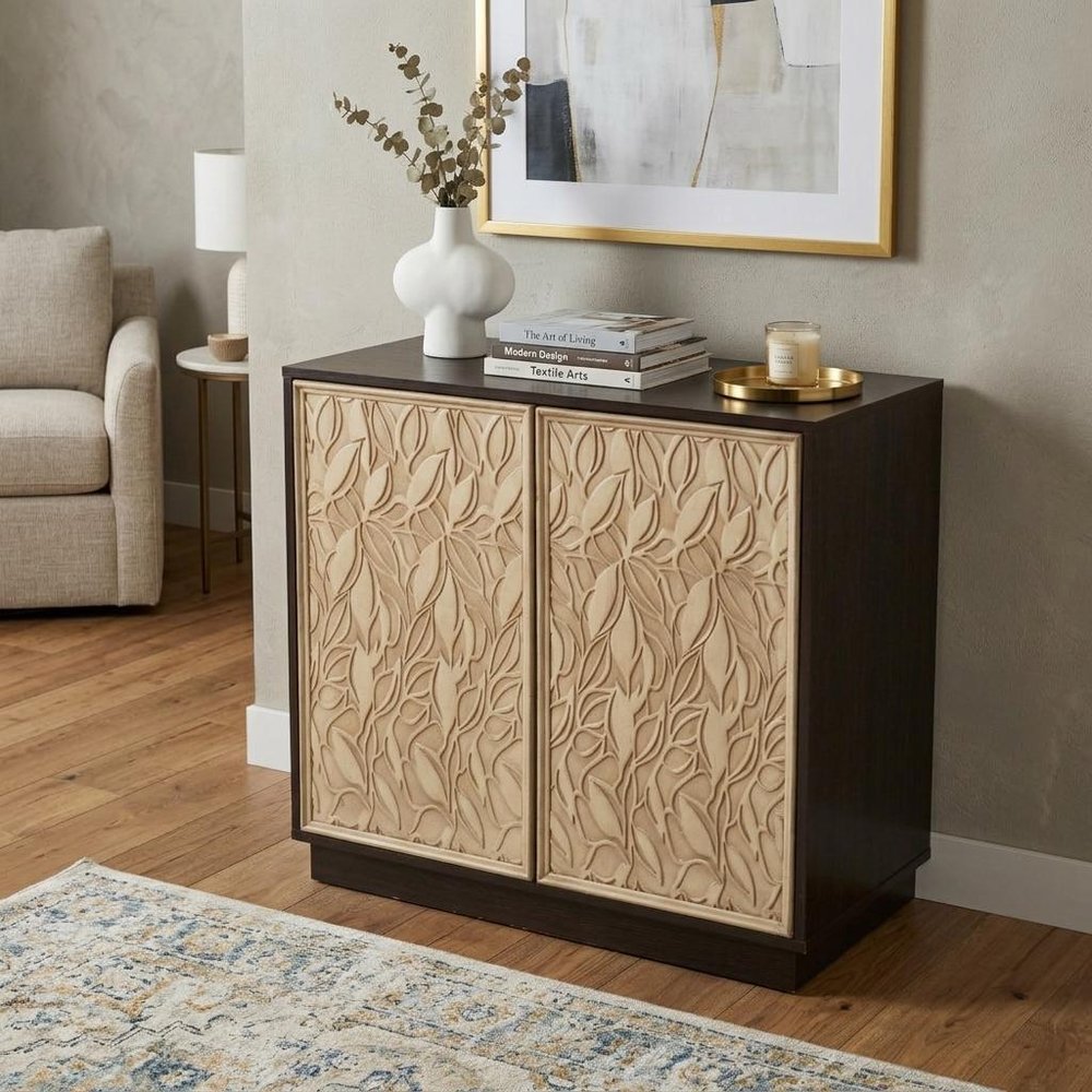 32" Dark Brown And Natural Carved Floral Sideboard with Two Doors