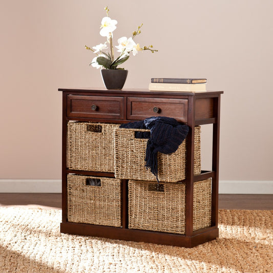 Mahogany and Seagrass Basket Storage Shelving Unit