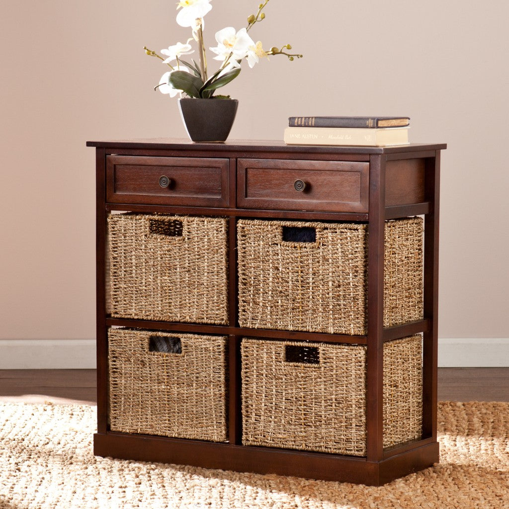 Mahogany and Seagrass Basket Storage Shelving Unit