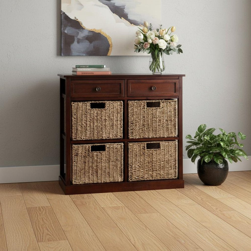 Mahogany and Seagrass Basket Storage Shelving Unit
