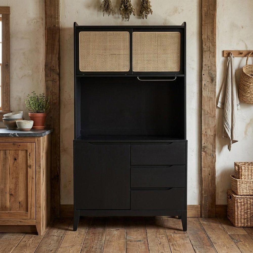 70" Black And Natural Wood Three Door Three Drawer Pantry Or Storage Closet
