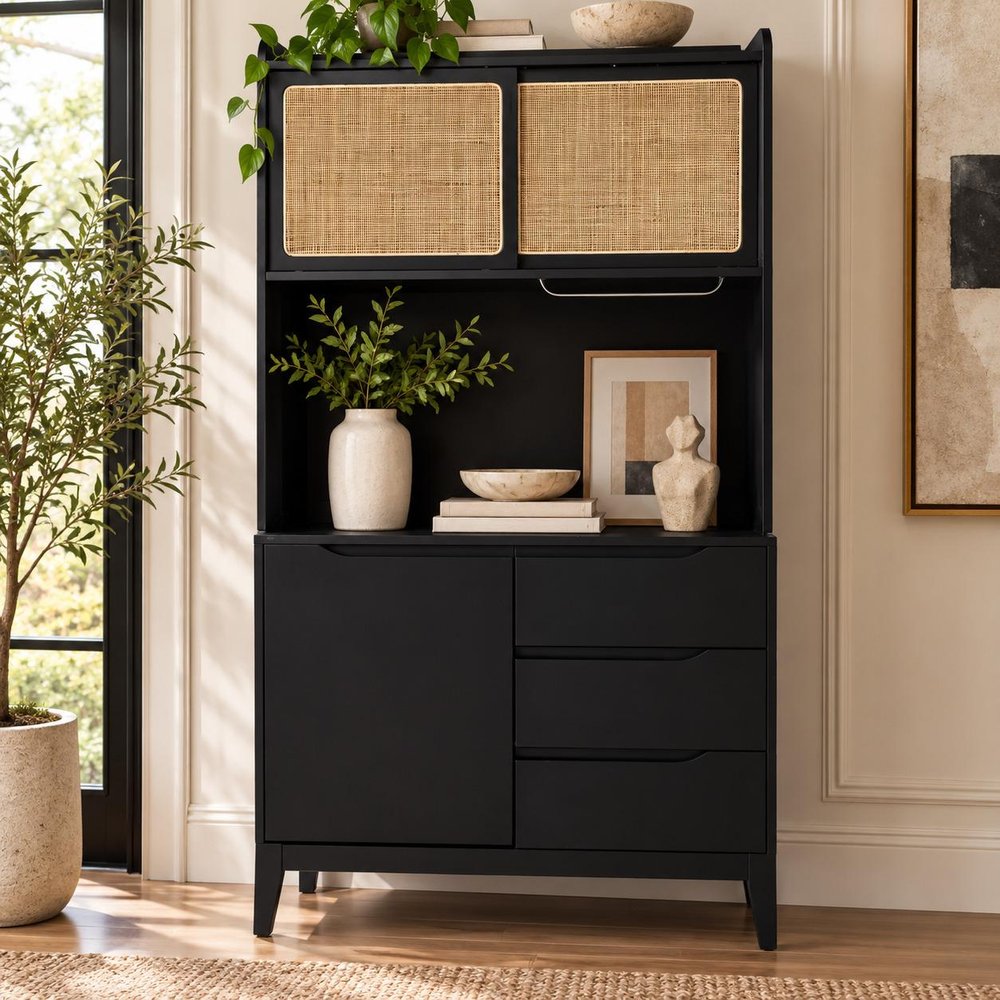 70" Black And Natural Wood Three Door Three Drawer Pantry Or Storage Closet