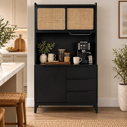 70" Black And Natural Wood Three Door Three Drawer Pantry Or Storage Closet