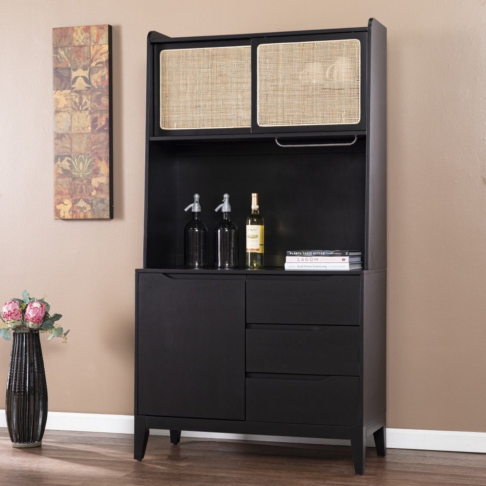 70" Black And Natural Wood Three Door Three Drawer Pantry Or Storage Closet