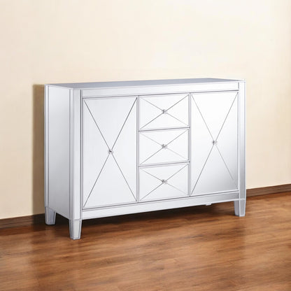 50" Silver Wood and Glass Three Drawer Credenza with Two Doors