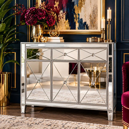 40" Silver Glass Three Drawer Sideboard with Three Doors