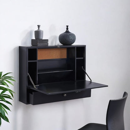26" Black Wood Wall Mounted Folding Floating Desk