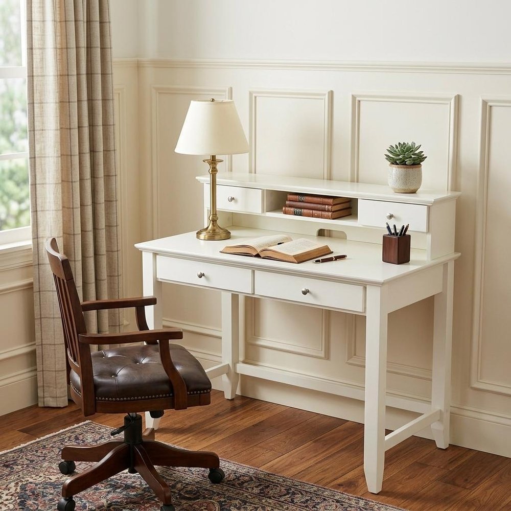 42" White Wood Trestle Secretary Desk With Four Drawers