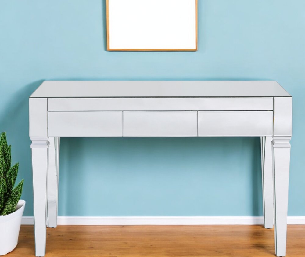 47" Silver Mirrored Writing Desk With Three Drawers