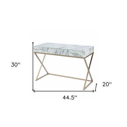 45" White and Bronze Glass Writing Desk With Two Drawers