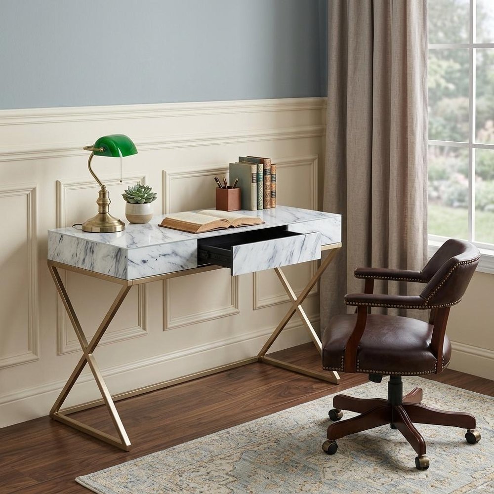 45" White and Bronze Glass and Iron Sled With Two Drawers