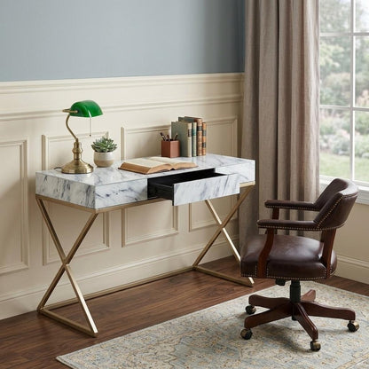 45" White and Bronze Glass and Iron Sled With Two Drawers