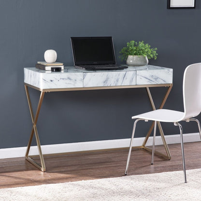 45" White and Bronze Glass and Iron Sled With Two Drawers