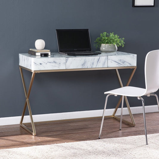 45" White and Bronze Glass and Iron Sled With Two Drawers