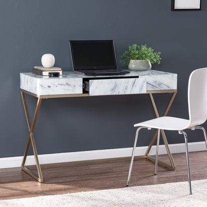 45" White and Bronze Glass Writing Desk With Two Drawers