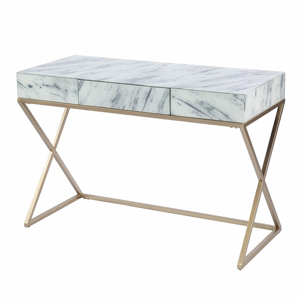 45" White and Bronze Glass and Iron Sled With Two Drawers