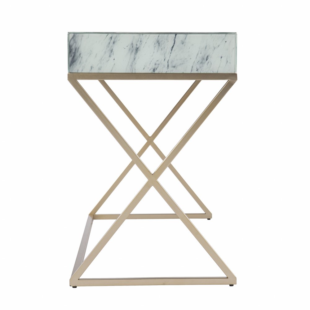 45" White and Bronze Glass and Iron Sled With Two Drawers