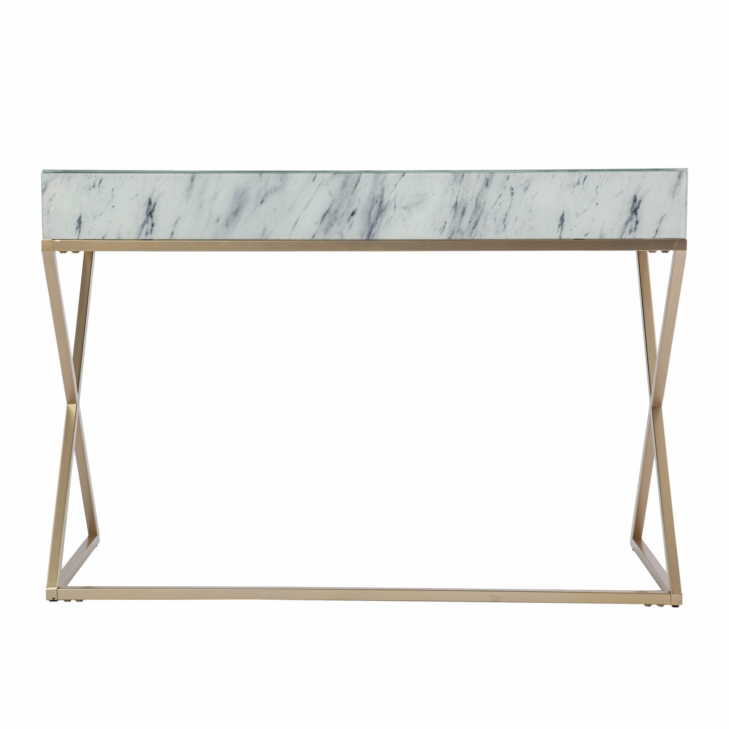 45" White and Bronze Glass Writing Desk With Two Drawers