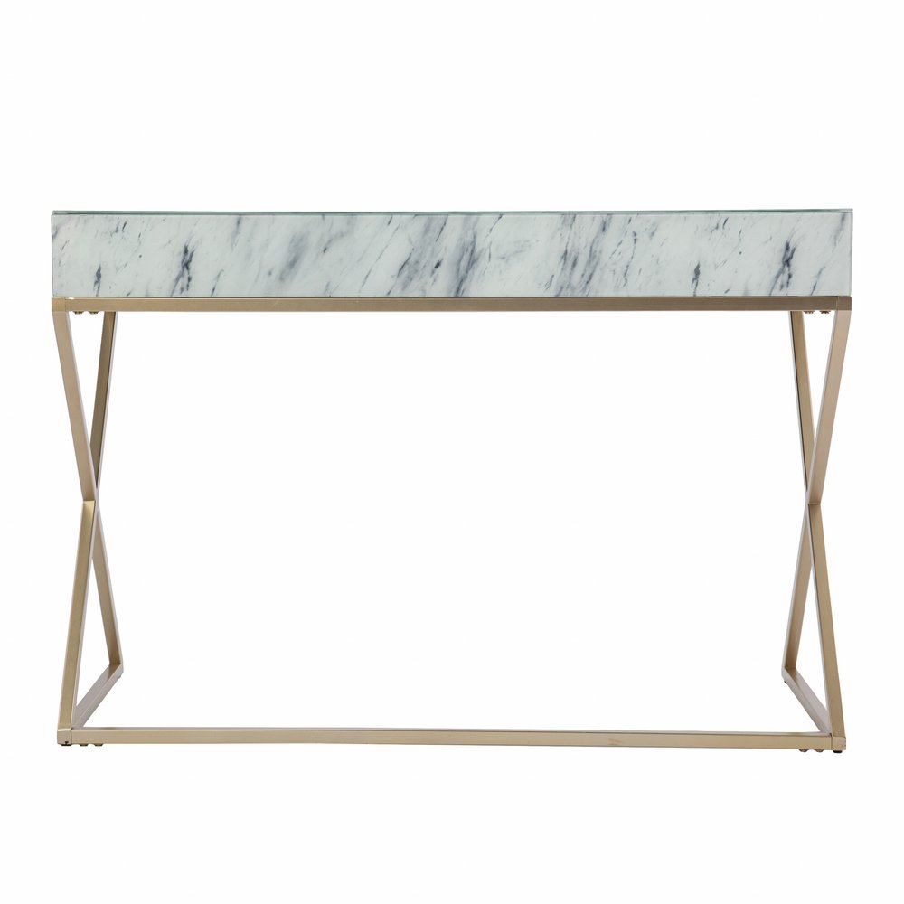 45" White and Bronze Glass and Iron Sled With Two Drawers
