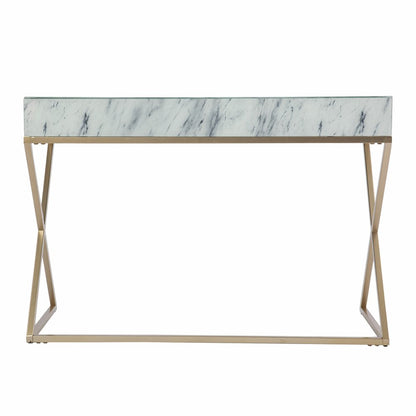 45" White and Bronze Glass and Iron Sled With Two Drawers