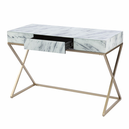 45" White and Bronze Glass Writing Desk With Two Drawers