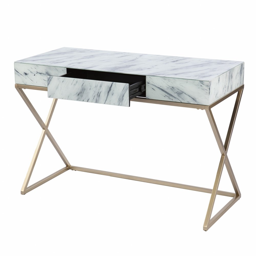 45" White and Bronze Glass and Iron Sled With Two Drawers