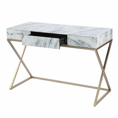 45" White and Bronze Glass and Iron Sled With Two Drawers