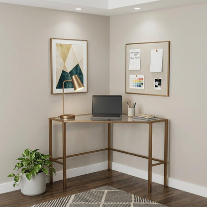 42" Clear and Gold Glass and Iron Corner Writing Desk